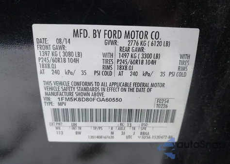 2015 Ford Explorer Xlt из США, поврежденный, VIN 1FM5K8D80FGA60550